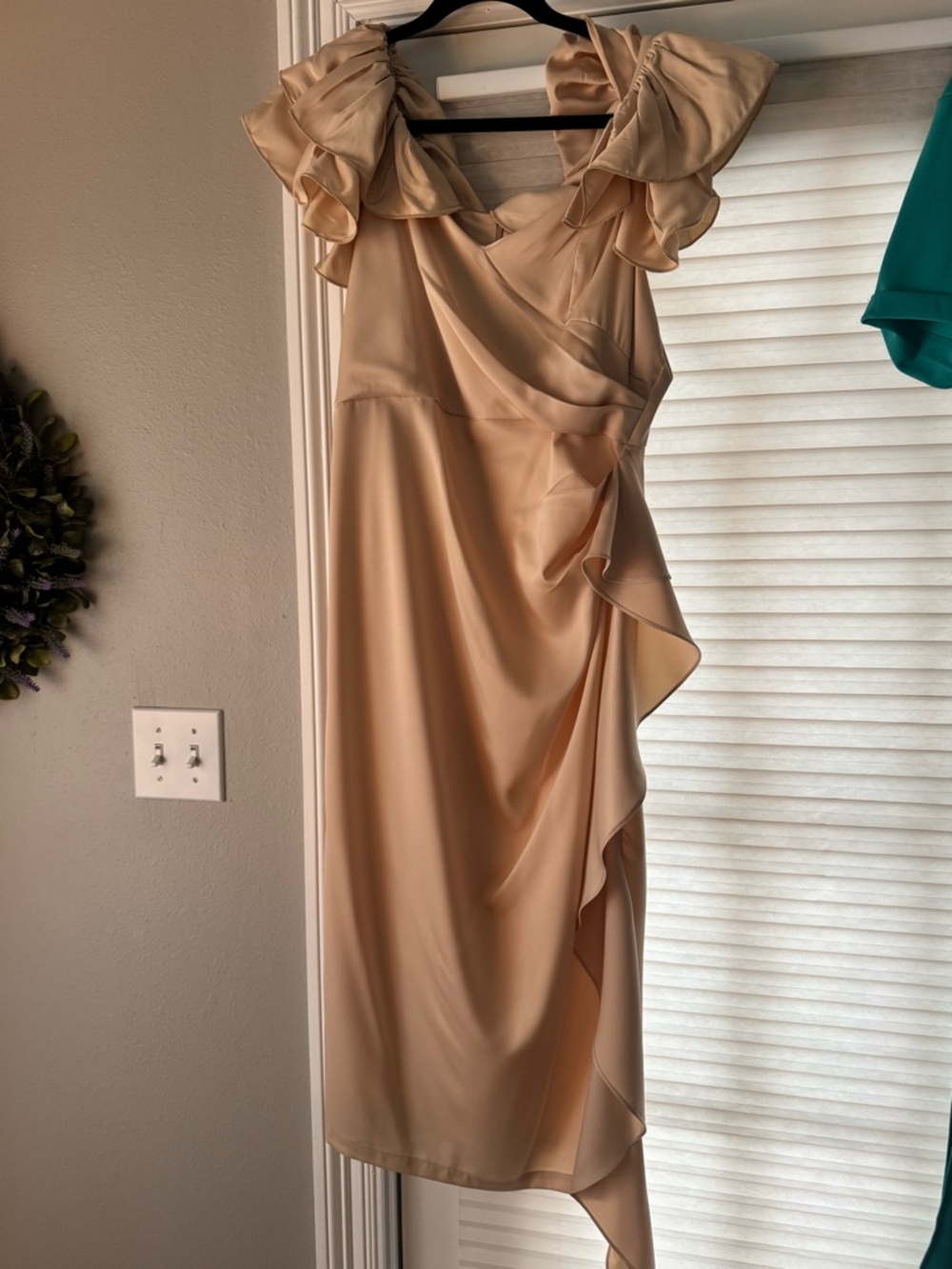 Elegant Cream Ruffle-Shoulder Women's Dress